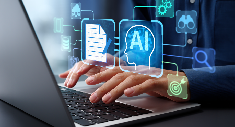 Homme sur son ordi utilisant l'Intelligence Artificielle