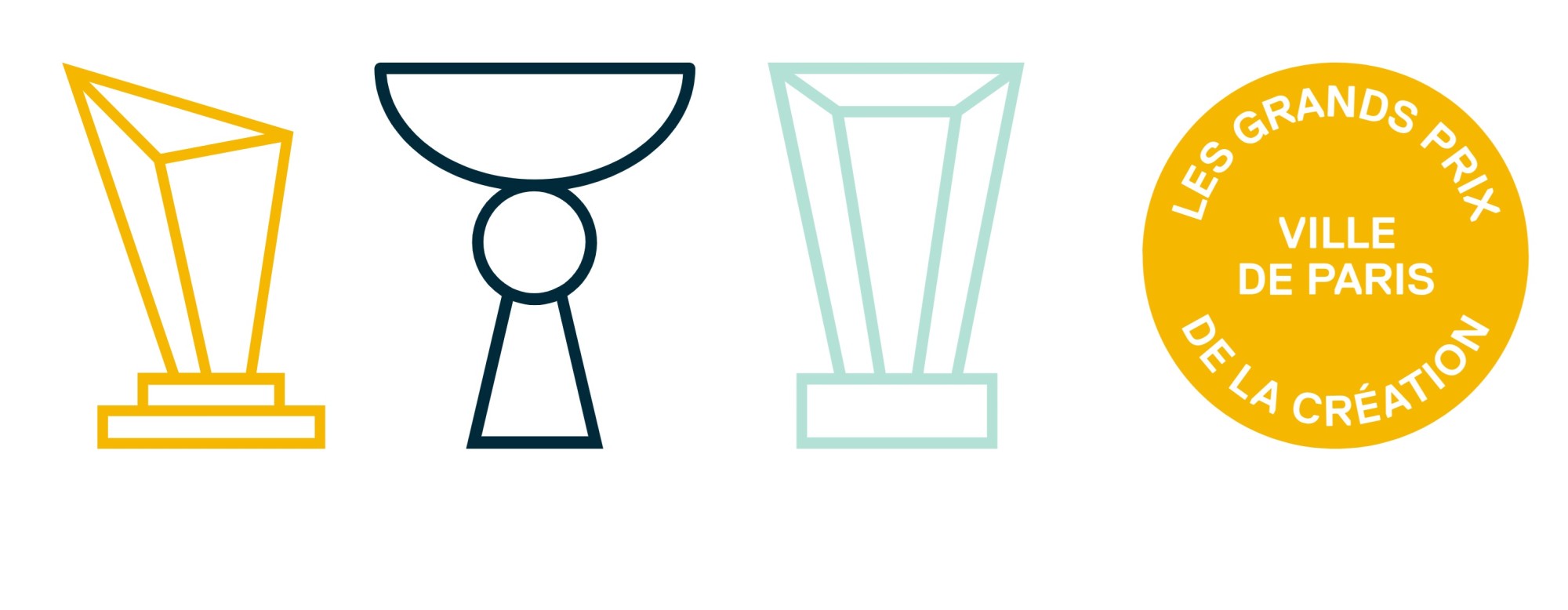 Trophées et pastille où est inscrit "Grands Prix de la Création de la Ville de Paris"