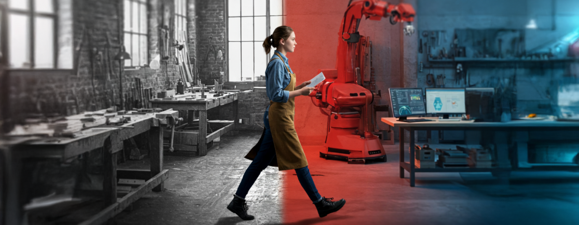 Femme artisane marchant d'un atelier ancien vers récent symbolisant 100 ans d'évolution