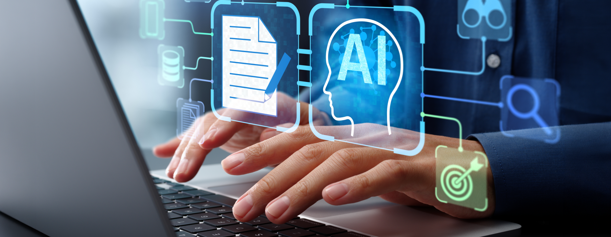 Homme sur son ordi utilisant l'Intelligence Artificielle