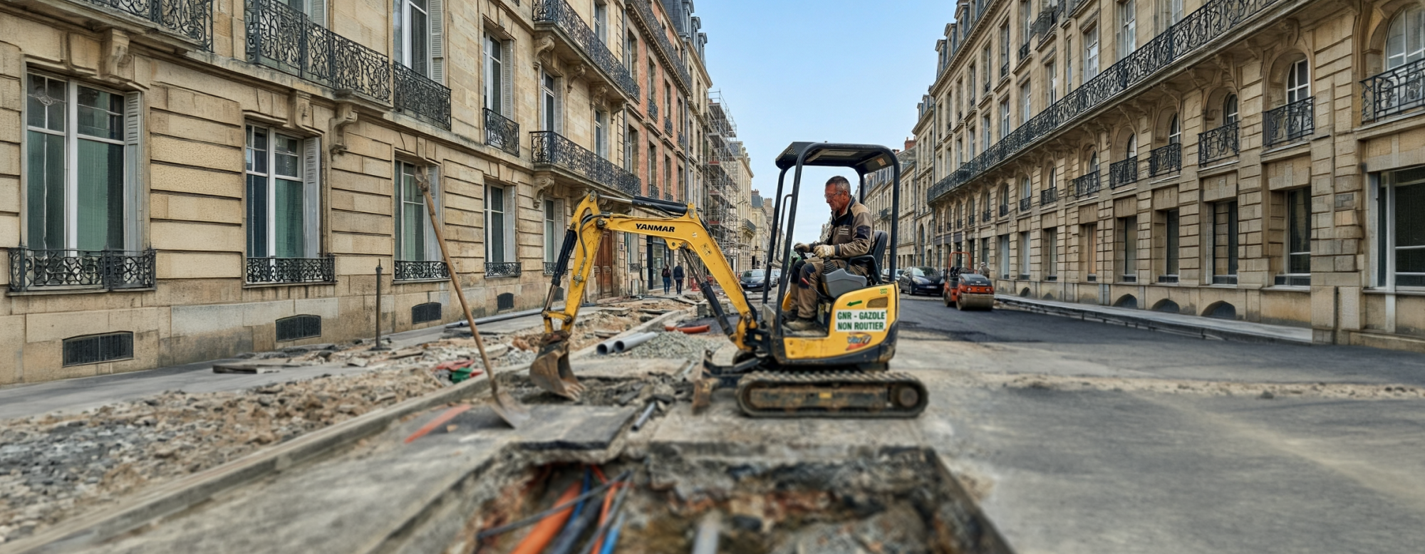 Artisan utilisant un tractopelle en pleine rue