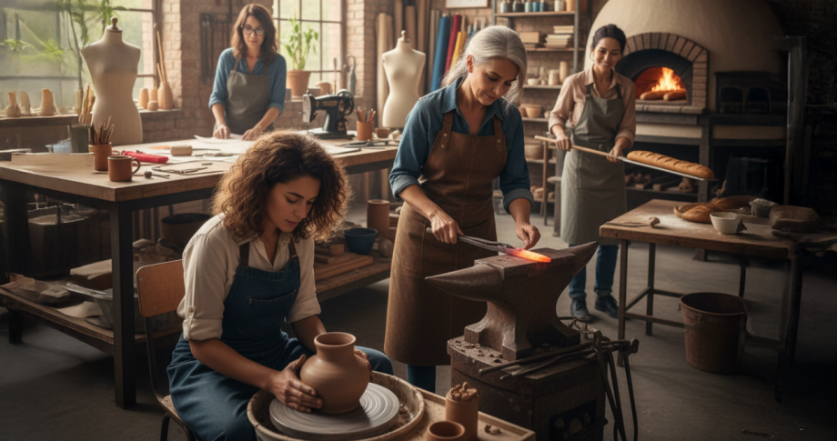4 femmes artisanes de différents métiers dans un atelier